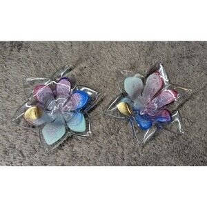 Pair of Murano Style Crystal Clear Multi-Color Flower Votive Holders Italy